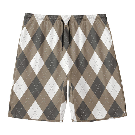 Brown And White Argyle Pattern Print Men's Swim Trunks