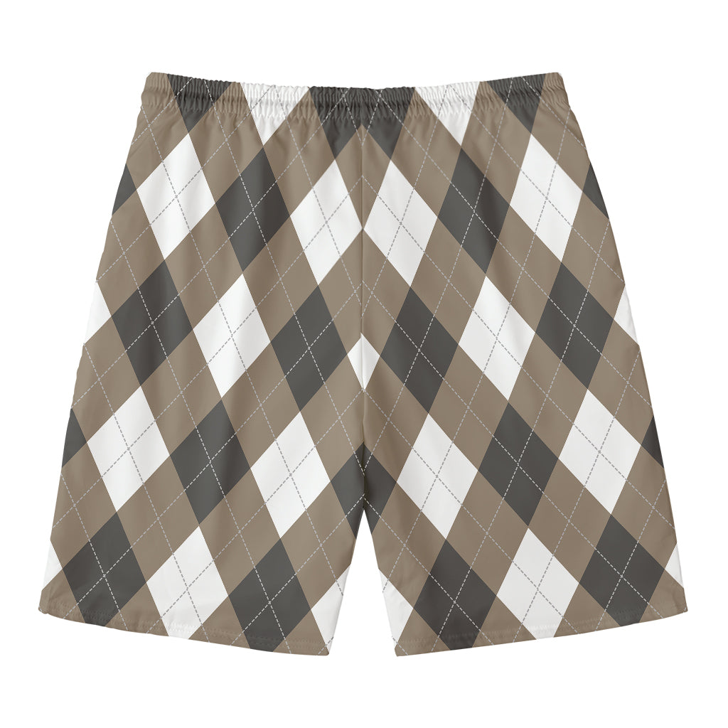 Brown And White Argyle Pattern Print Men's Swim Trunks