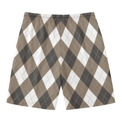 Brown And White Argyle Pattern Print Men's Swim Trunks