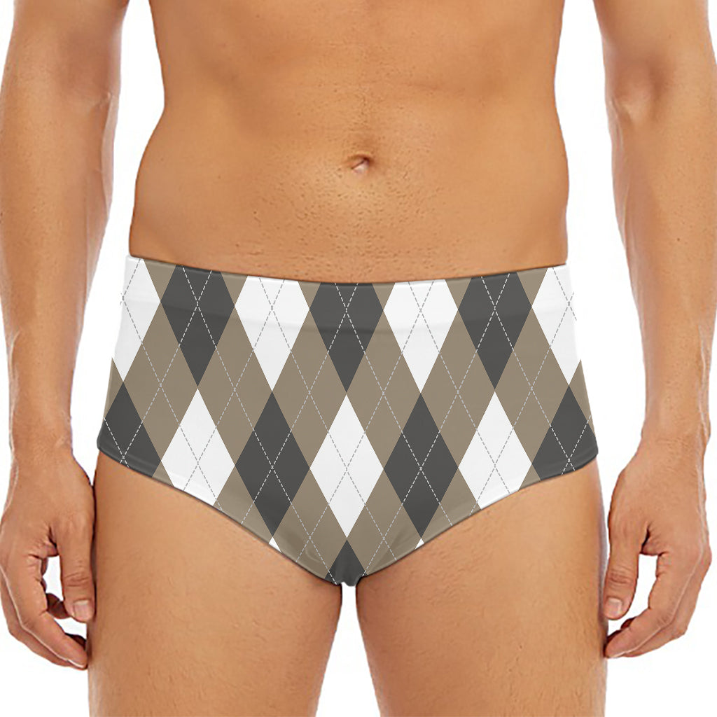 Brown And White Argyle Pattern Print Men's Triangle Swim Briefs