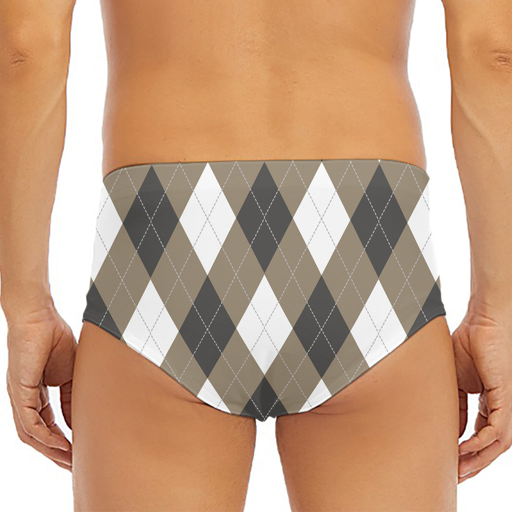 Brown And White Argyle Pattern Print Men's Triangle Swim Briefs