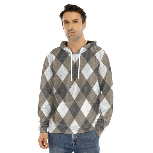 Brown And White Argyle Pattern Print Men's Velvet Pullover Hoodie