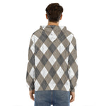 Brown And White Argyle Pattern Print Men's Velvet Pullover Hoodie