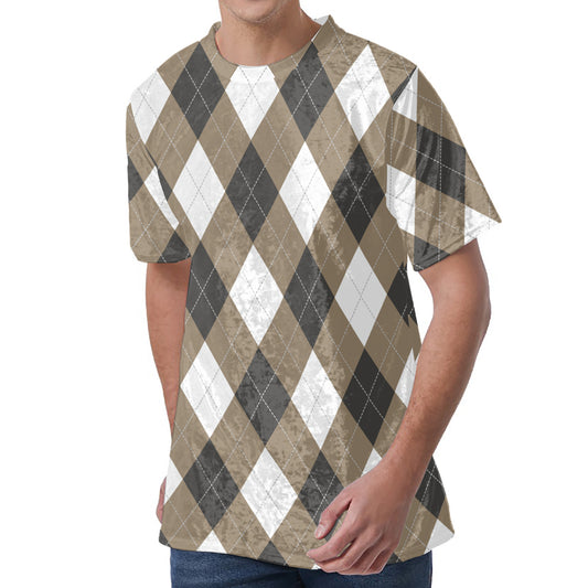 Brown And White Argyle Pattern Print Men's Velvet T-Shirt