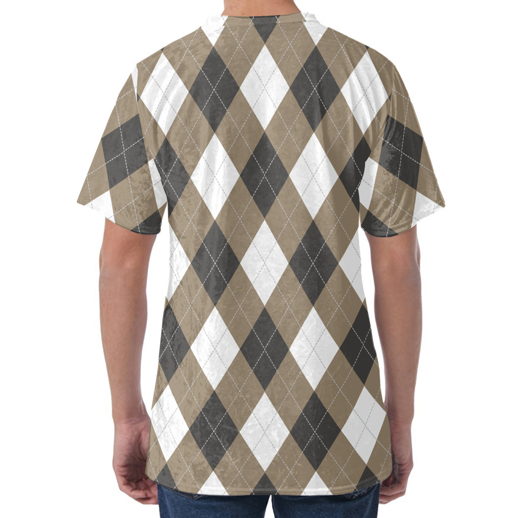 Brown And White Argyle Pattern Print Men's Velvet T-Shirt