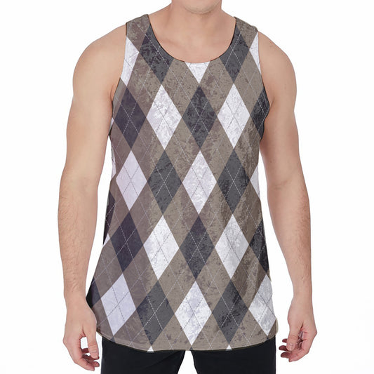 Brown And White Argyle Pattern Print Men's Velvet Tank Top