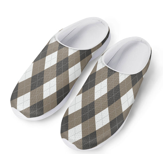 Brown And White Argyle Pattern Print Mesh Casual Shoes