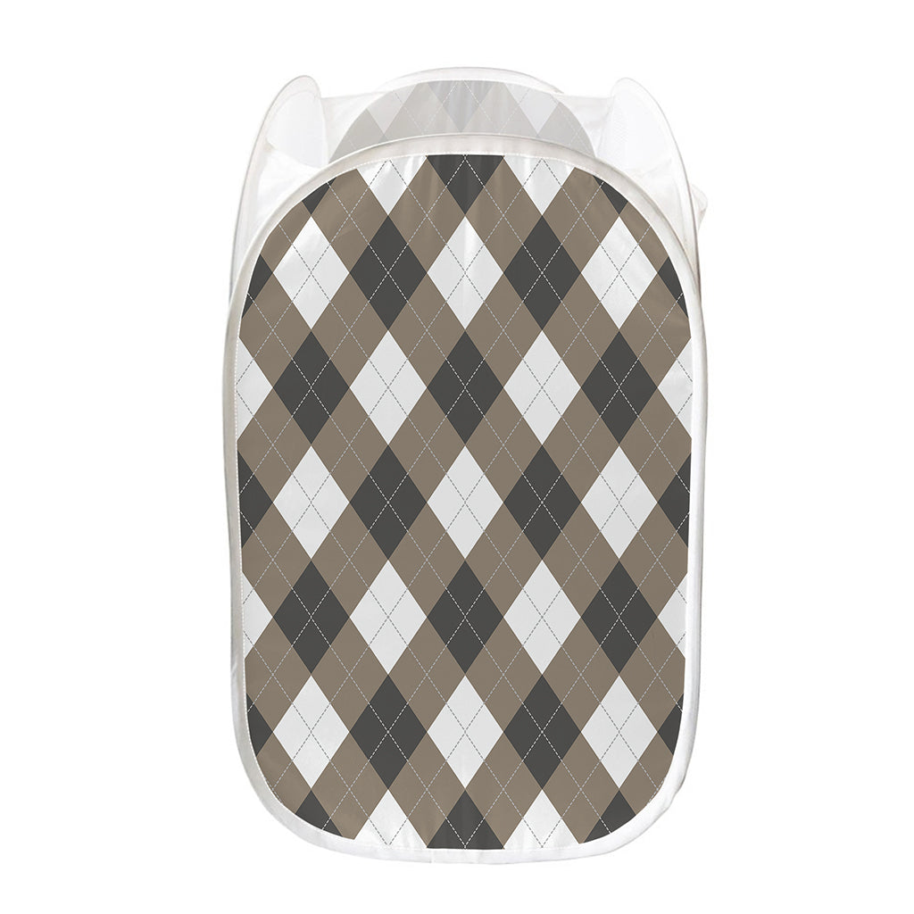 Brown And White Argyle Pattern Print Mesh Laundry Hamper