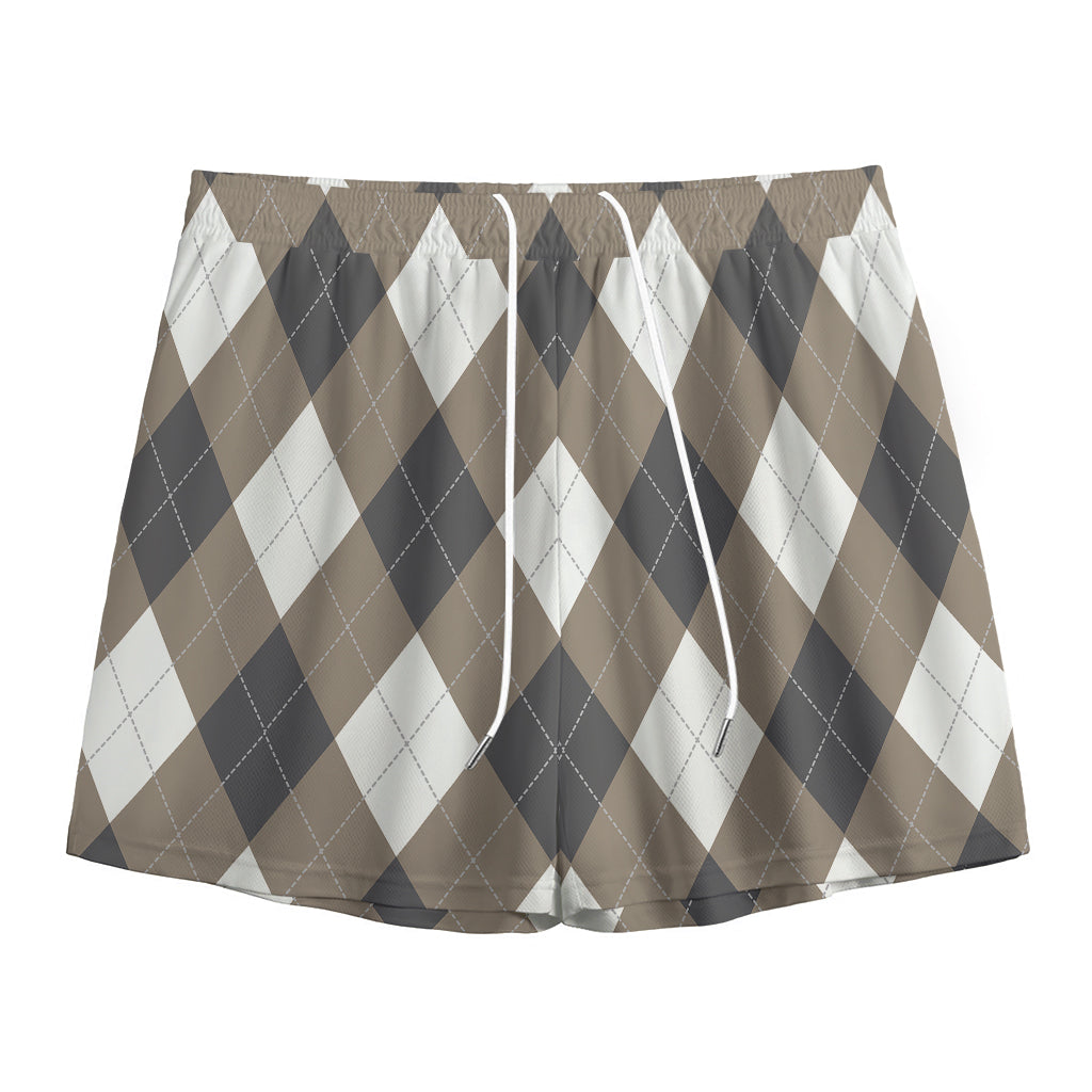 Brown And White Argyle Pattern Print Mesh Shorts