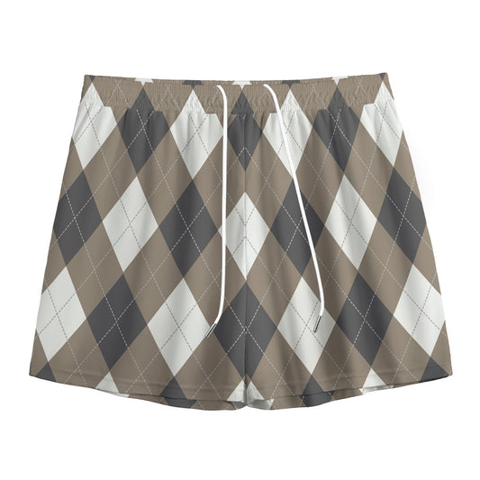 Brown And White Argyle Pattern Print Mesh Shorts