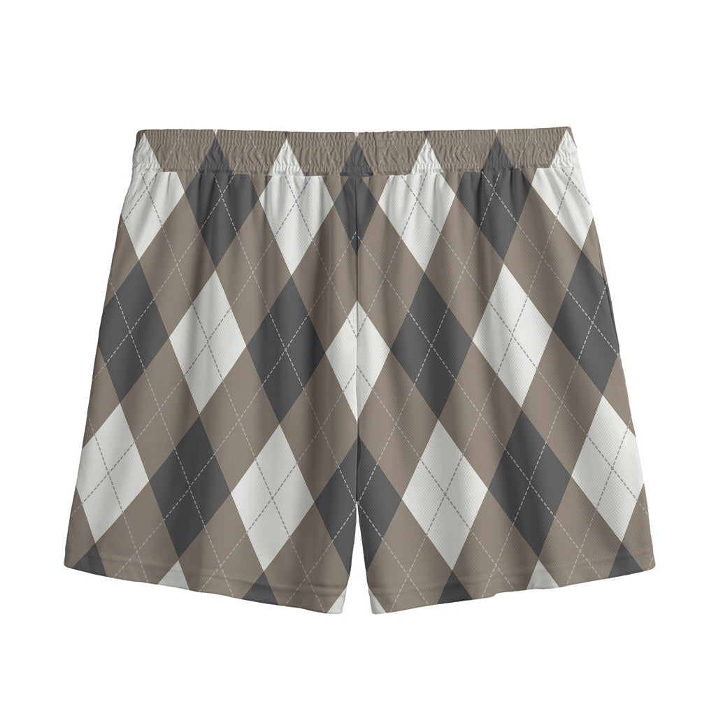 Brown And White Argyle Pattern Print Mesh Shorts