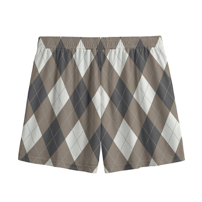 Brown And White Argyle Pattern Print Mesh Shorts