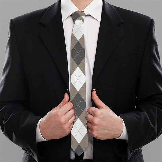Brown And White Argyle Pattern Print Necktie