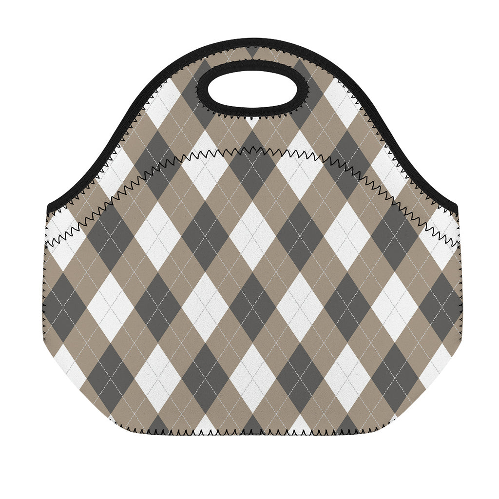 Brown And White Argyle Pattern Print Neoprene Lunch Bag
