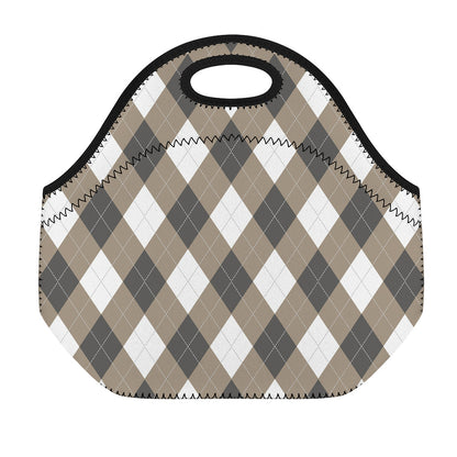 Brown And White Argyle Pattern Print Neoprene Lunch Bag