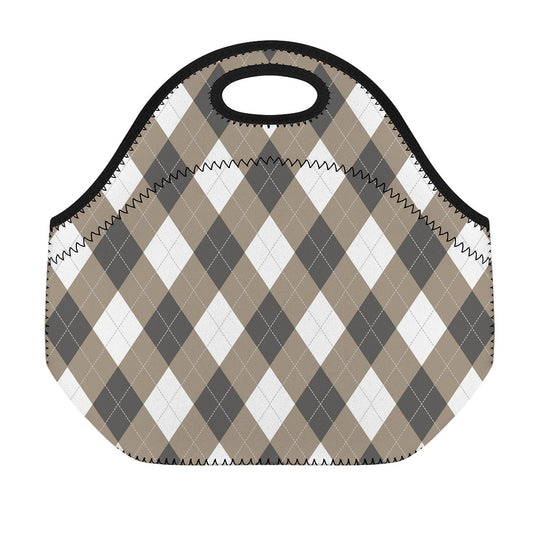 Brown And White Argyle Pattern Print Neoprene Lunch Bag