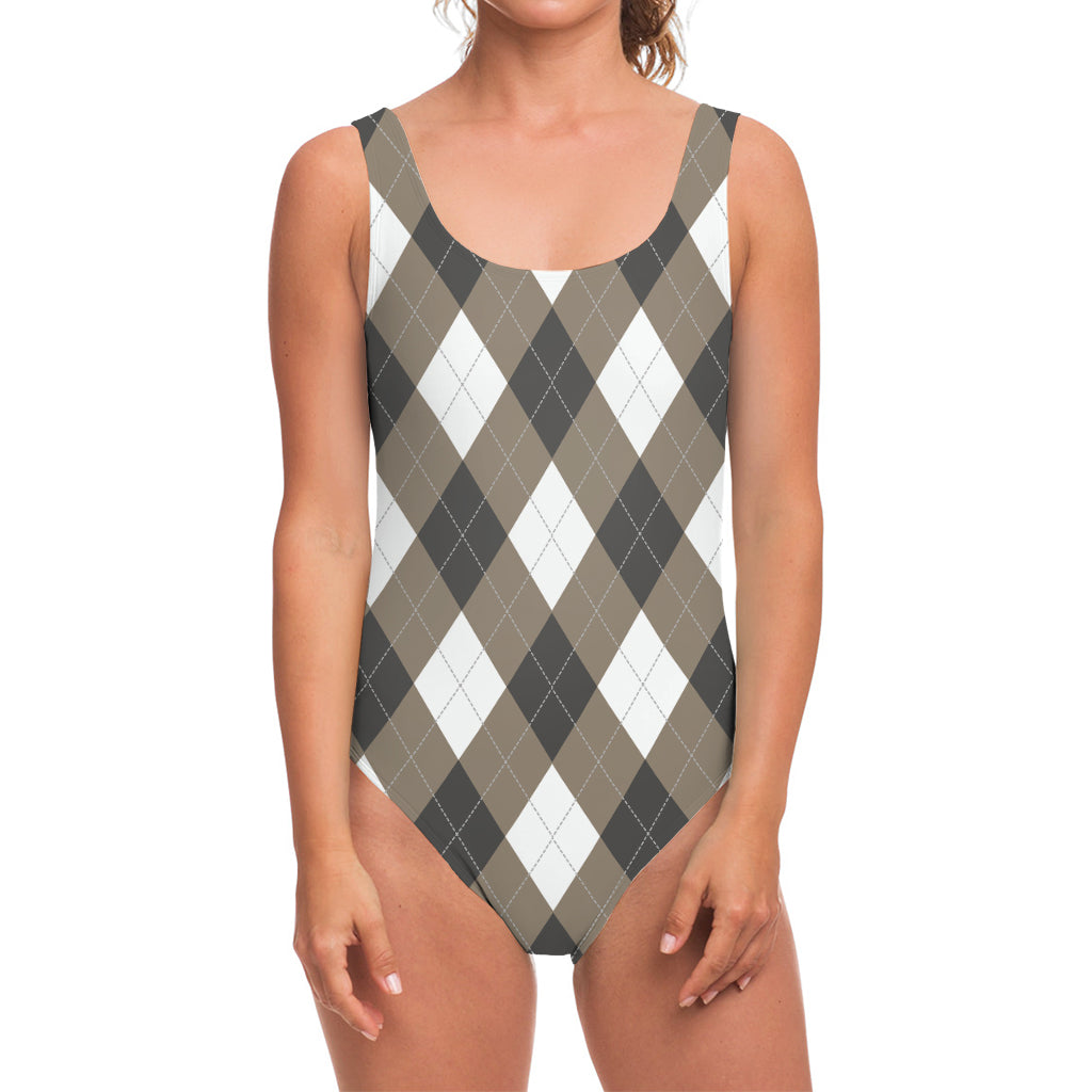 Brown And White Argyle Pattern Print One Piece Swimsuit