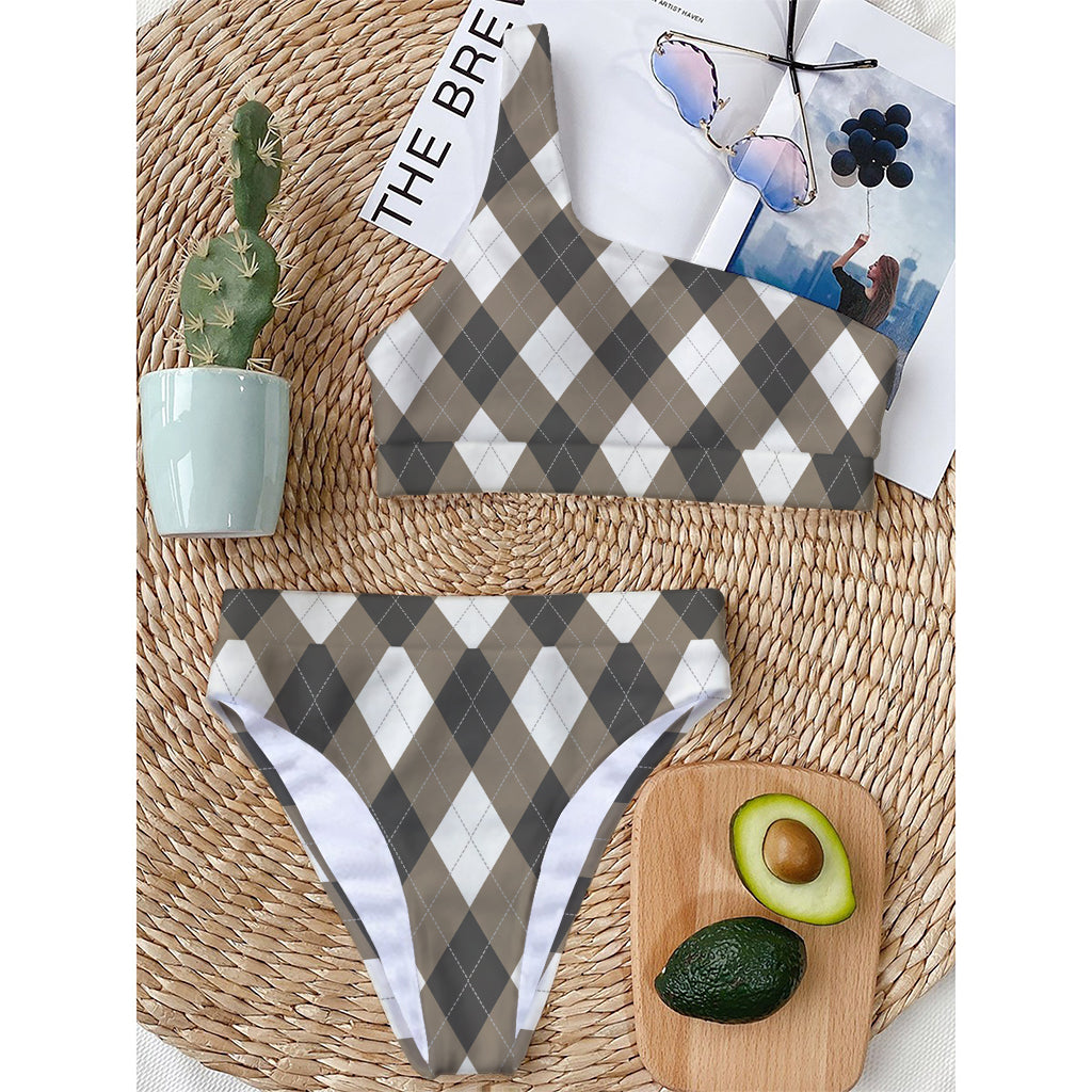 Brown And White Argyle Pattern Print One Shoulder Bikini Top