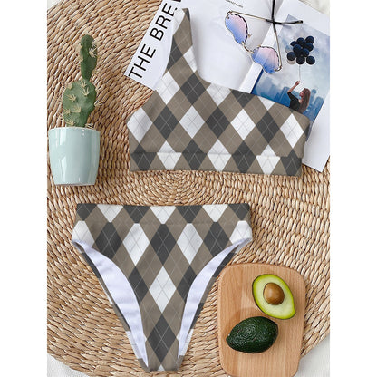 Brown And White Argyle Pattern Print One Shoulder Bikini Top