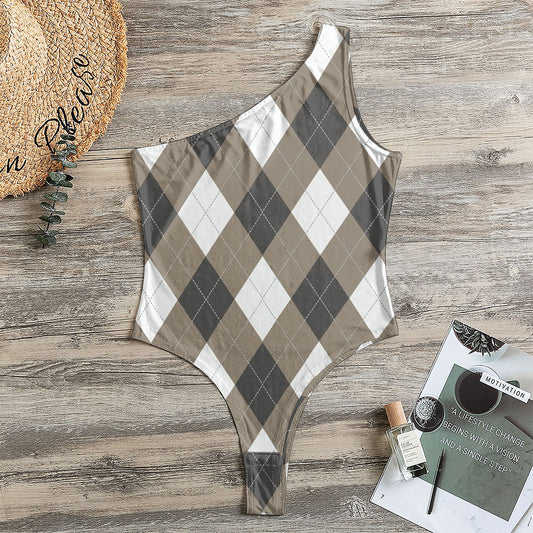 Brown And White Argyle Pattern Print One Shoulder Bodysuit