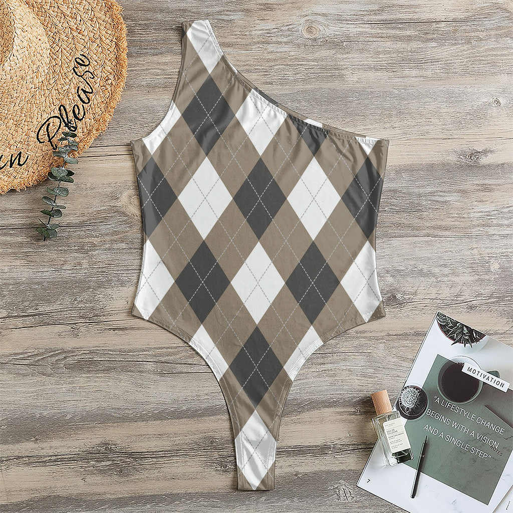 Brown And White Argyle Pattern Print One Shoulder Bodysuit
