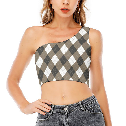 Brown And White Argyle Pattern Print One Shoulder Crop Top