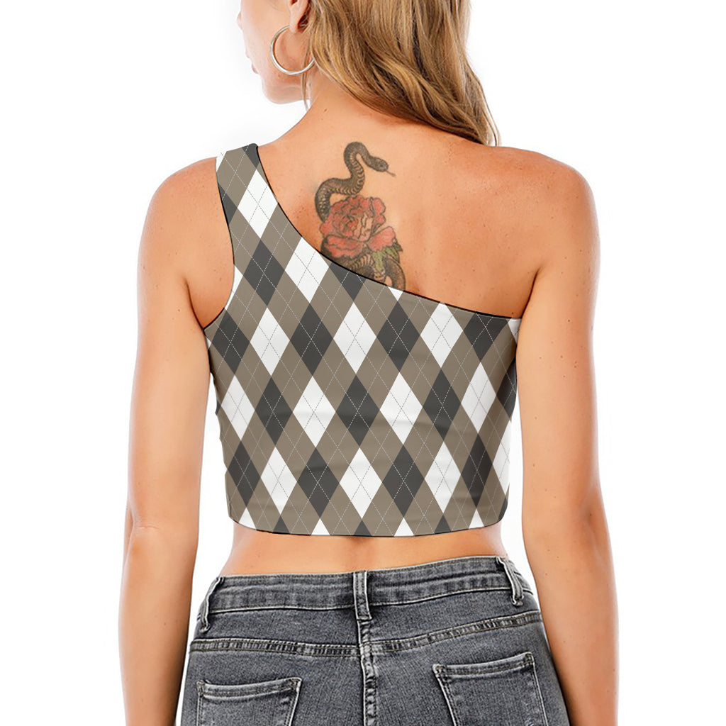 Brown And White Argyle Pattern Print One Shoulder Crop Top