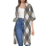 Brown And White Argyle Pattern Print Open Front Beach Cover Up