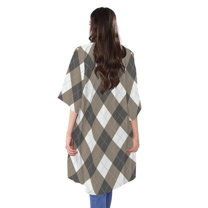 Brown And White Argyle Pattern Print Open Front Beach Cover Up