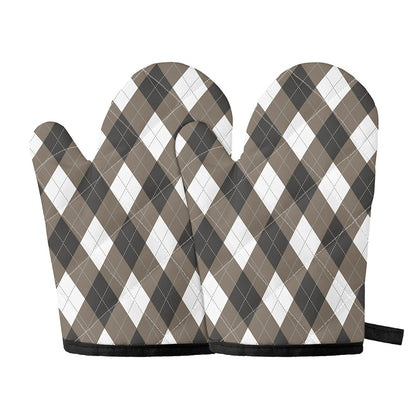 Brown And White Argyle Pattern Print Oven Mitts
