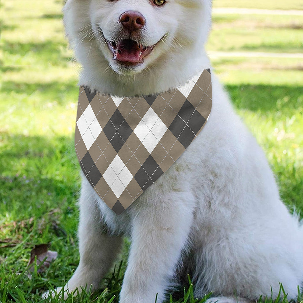 Brown And White Argyle Pattern Print Over The Collar Dog Bandana