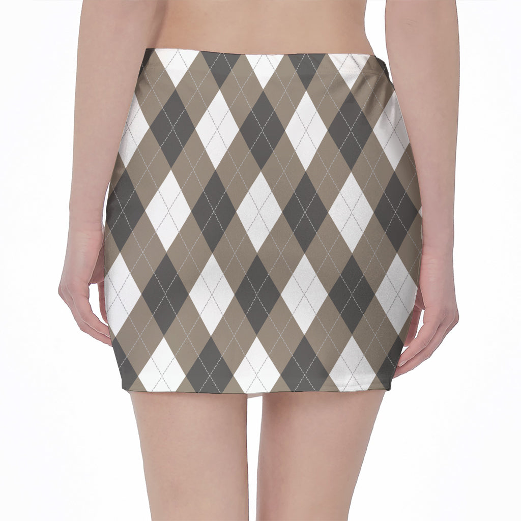 Brown And White Argyle Pattern Print Pencil Mini Skirt