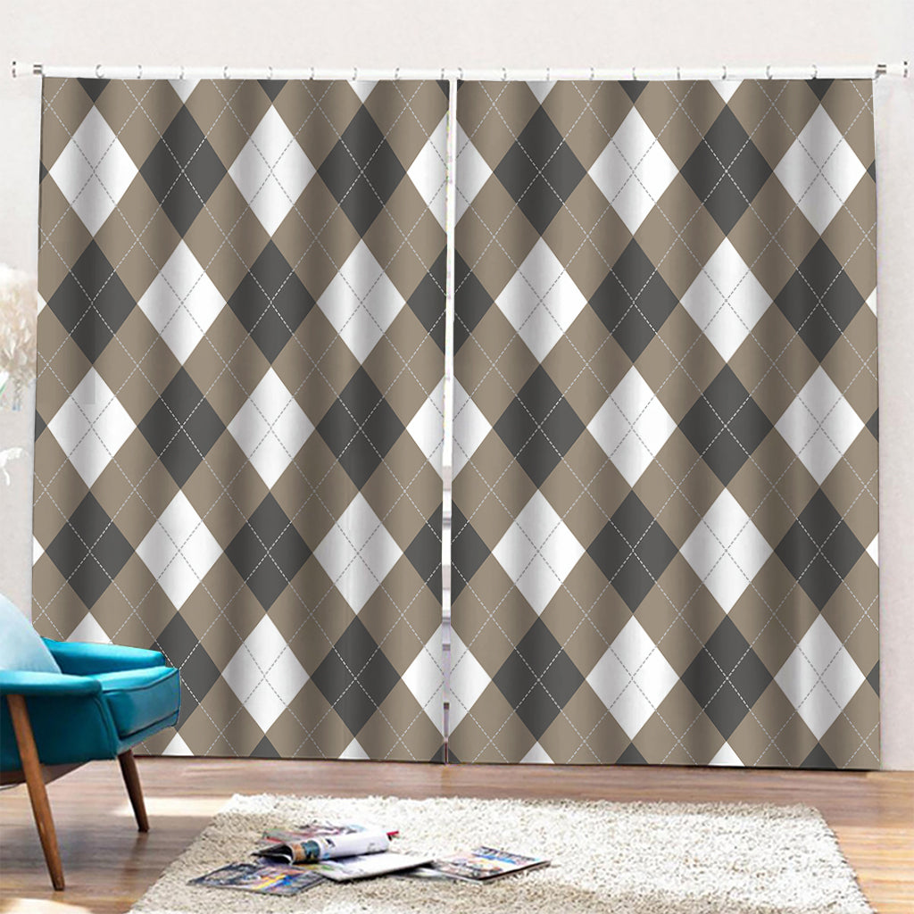 Brown And White Argyle Pattern Print Pencil Pleat Curtains