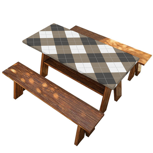 Brown And White Argyle Pattern Print Picnic Table Cover