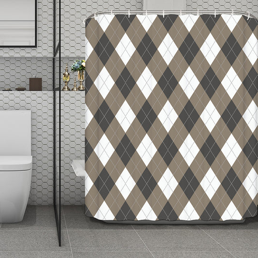 Brown And White Argyle Pattern Print Polyester Shower Curtain