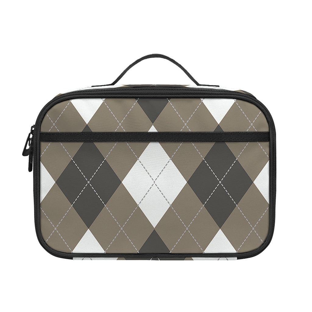 Brown And White Argyle Pattern Print Portable Lunch Bag