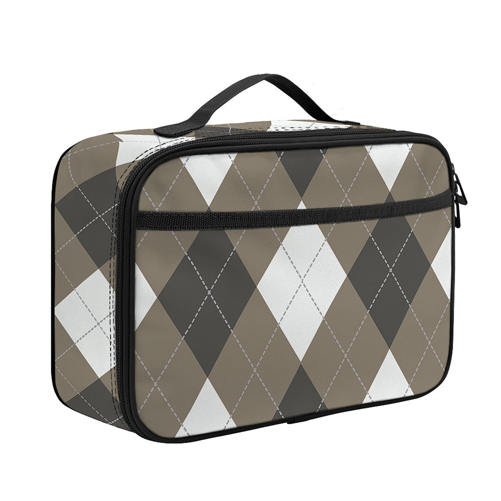 Brown And White Argyle Pattern Print Portable Lunch Bag