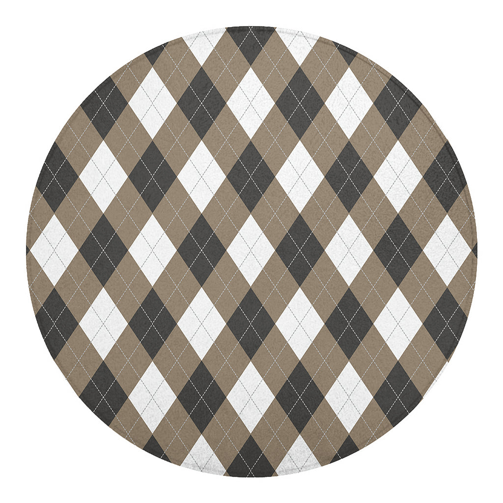 Brown And White Argyle Pattern Print Round Blanket