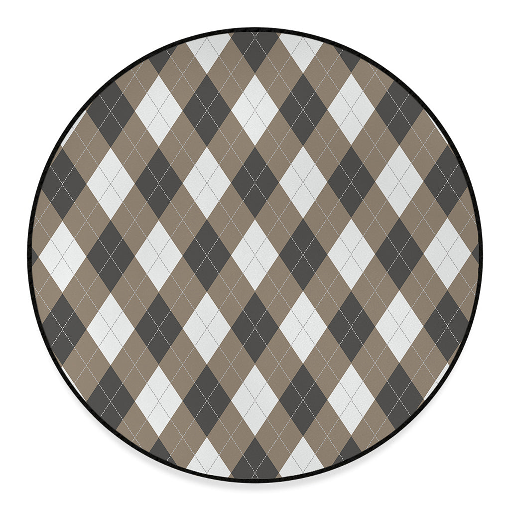 Brown And White Argyle Pattern Print Round Floor Mat