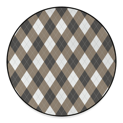 Brown And White Argyle Pattern Print Round Floor Mat