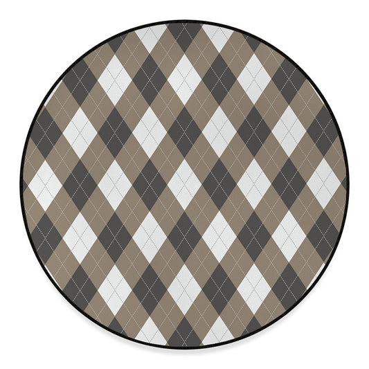 Brown And White Argyle Pattern Print Round Floor Mat