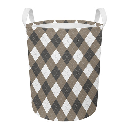 Brown And White Argyle Pattern Print Round Laundry Basket