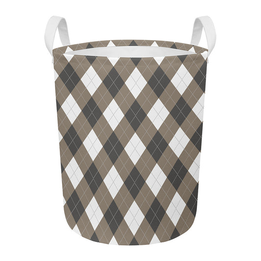 Brown And White Argyle Pattern Print Round Laundry Basket