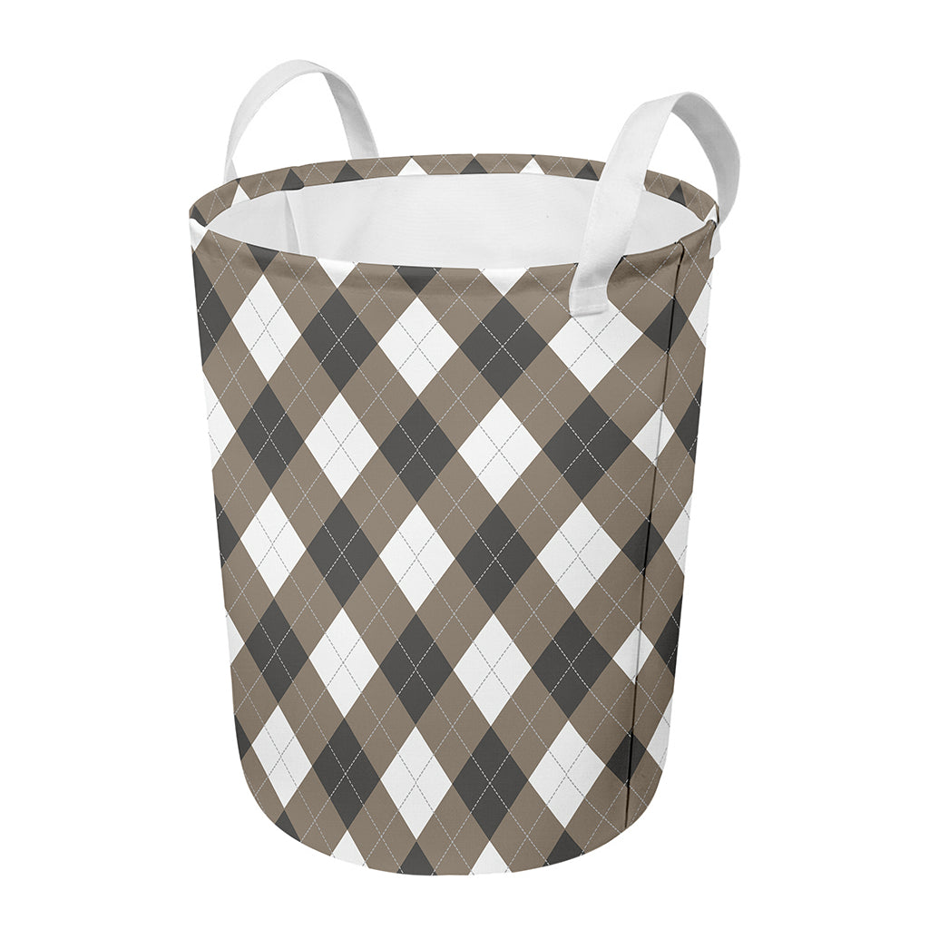 Brown And White Argyle Pattern Print Round Laundry Basket