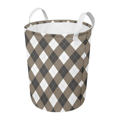 Brown And White Argyle Pattern Print Round Laundry Basket