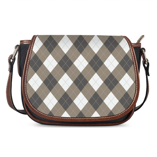 Brown And White Argyle Pattern Print Saddle Bag