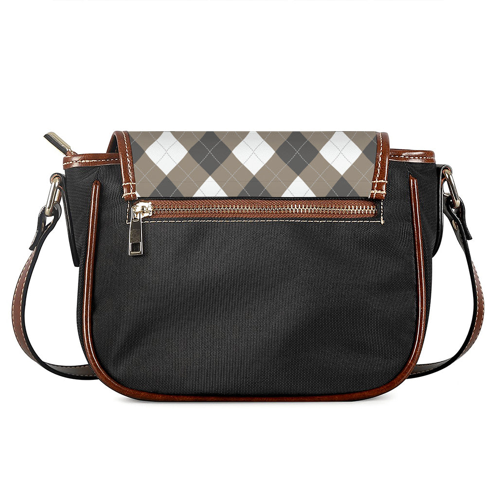 Brown And White Argyle Pattern Print Saddle Bag
