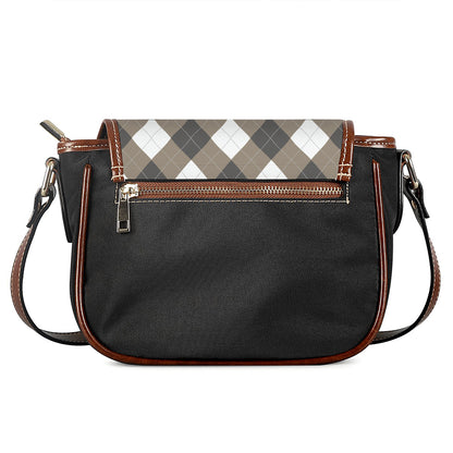 Brown And White Argyle Pattern Print Saddle Bag