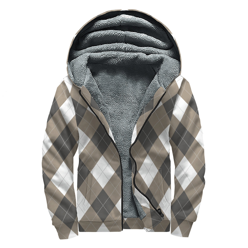 Brown And White Argyle Pattern Print Sherpa Lined Zip Up Hoodie