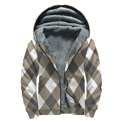 Brown And White Argyle Pattern Print Sherpa Lined Zip Up Hoodie